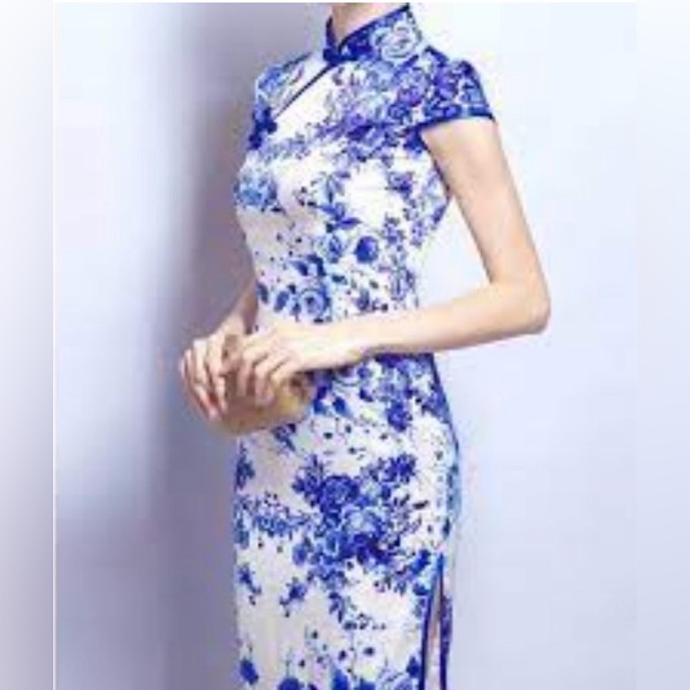 Floral Chinese-style Maxi Dress blue and white cheongsam